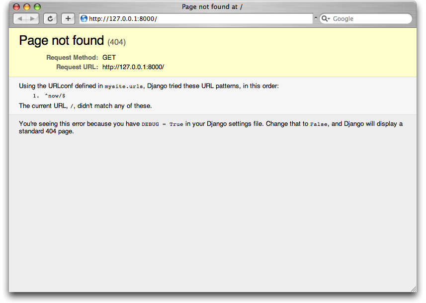 Screenshot of Django's 404 page.