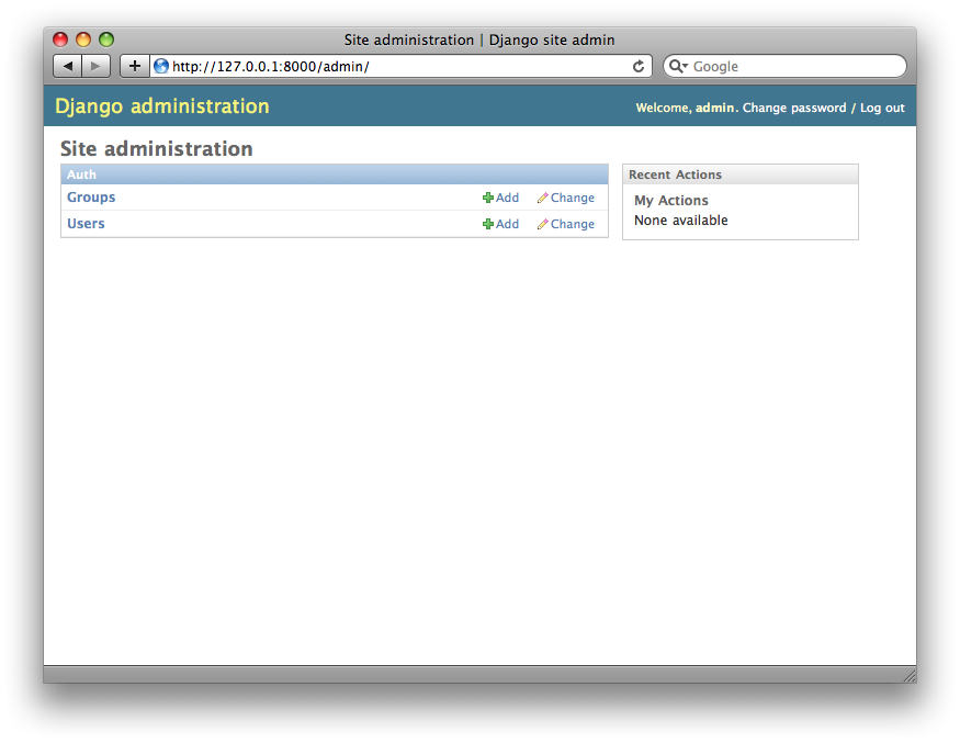 Screenshot of the Django admin home page.