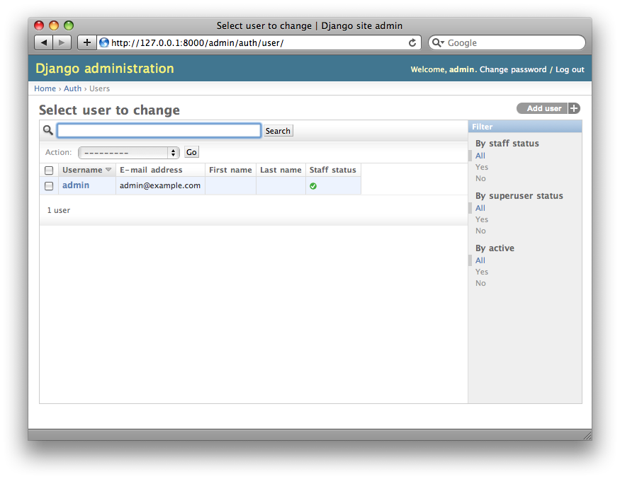 Screenshot of the user change list page.