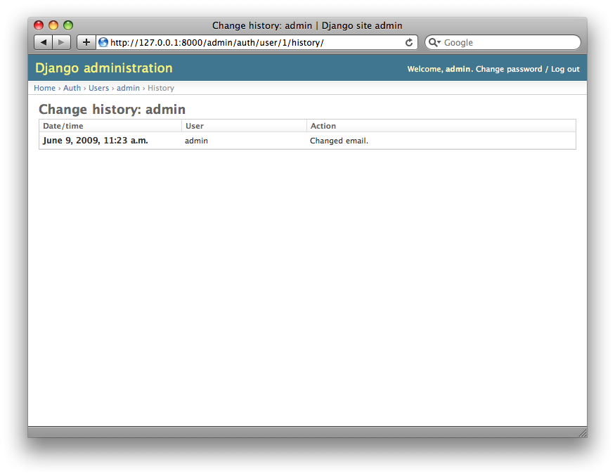 Screenshot of an object history page.
